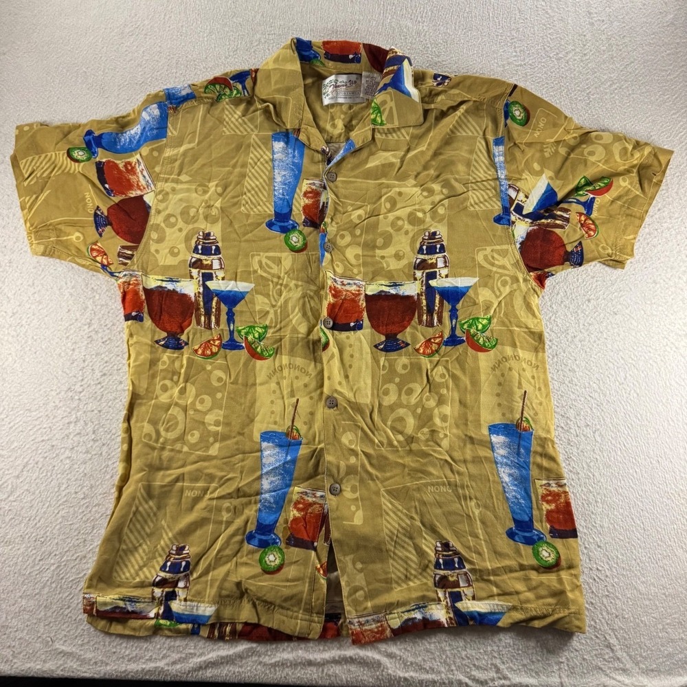 Thumbs Up Hawaiian Shirt Mens Large Tan Cocktail Print Rayon Excellent Vacation